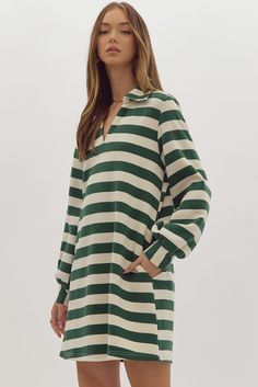 Collared Mini Dress, Ls Dress, Breezy Dress, Stripe Dress, Basic Outfits, Polo Dress, Green Stripes