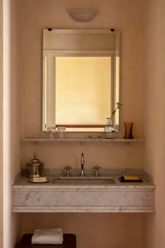 a bathroom sink sitting under a mirror next to a shelf with a potted plant