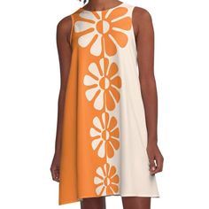 Loose-fit, mid-length sleeveless dress with silky handfeel. Printed on both sides. Machine washable. Size range XS-2XL. Minimal meets hippie in this bold design of 1960's pop art-inspired flowers in contrasting orange and cream. Fun and cute on clothing, and perfect with retro, minimal or contemporary decor. Go big! Go bold! Retro A-line Sleeveless Dress, Retro Sleeveless Beach Dress, Retro Knee-length Summer Dress, White Retro Sleeveless Spring Dress, Retro A-line Sundress For Summer, White Vintage Sleeveless Summer Dress, Vintage White Sleeveless Dress For Summer, White Vintage Sleeveless Dress For Summer, Vintage White Summer Mini Dress