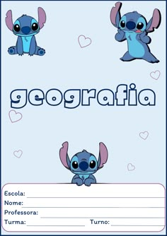 a blue card with two cartoon characters and the word geografia in spanish on it