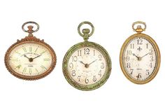 three different styles of pocket watches with numbers on the dials and hands, all in gold or silver