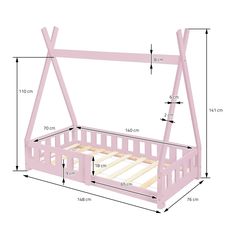 a bed frame with measurements for the top and bottom bunk area, including two rails