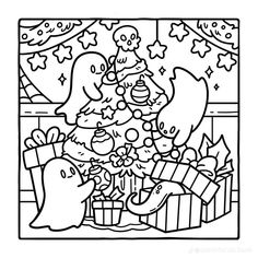 a christmas tree with presents in it and santa's helper coloring page for kids