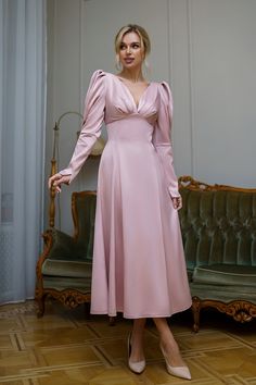 Dusty Pink Satin Bow Back Midi Dress Midi Prom Dress, Pink Silk Dress, Silk Satin Dress, Sunday Dress, Satin Long Sleeve, Long Sleeve Evening Dresses, Dresses Cheap, White Sky, White Dress Party