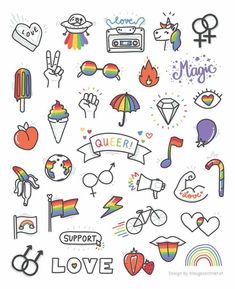 an assortment of colorful stickers on a white background with the words, love, and symbols