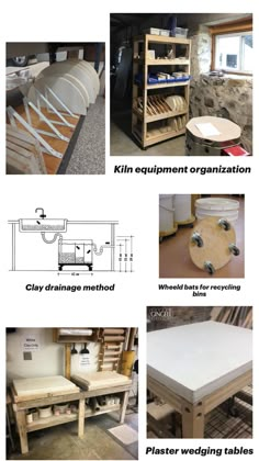 several different types of tables and chairs in various stages of construction, with text describing them