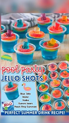 jelly jello shots are in plastic cups with gummy bears on the top and bottom