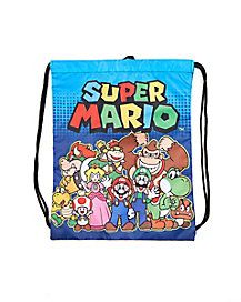 a blue bag with an image of mario and other characters on the front, featuring super mario