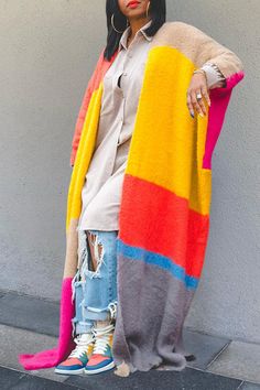 We're glad you've clicked on our new knitted kimono as we're really into its colorful vibes! The collarless and long sleeve cut make this a great choice for any stylish girl. Length: long Material: cotton blend Sleeve Type: long sleeve Neckline: collarless Style: knitted Size chart:Size: please check measurements carefullyPlease allow 0.5-1" difference due to manual measurementDifferent monitor settings means colors may differ slightly1" = 2.54cm Size(inch) US Size Length Shoulders Bust S 4/6 49 Oversized Color Block Knit Outerwear, Oversized Long Sleeve Color Block Cardigan, Oversized Long Sleeve Outerwear With Color Matching, Multicolor Knit Sweater With Contrast Color, Spring Multicolor Knit Outerwear, Oversized Fall Color Block Cardigan, Oversized Color Block Cardigan For Fall, Casual Multicolor Knit Cardigan, Trendy Oversized Multicolor Outerwear