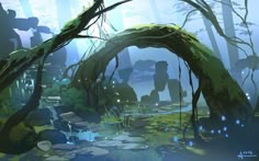 a digital painting of a swampy area with trees and plants