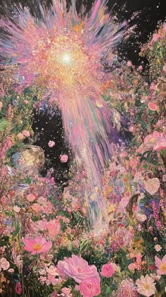 an image of a painting with flowers in the foreground and light coming from it