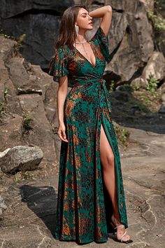 A-Line V Neck Dark Green Burnout Velvet Floor Length Dress with Short Sleeve Velvet Floor Length Dress, Boho Formal Dress, Emerald Wedding Dresses, Green Boho Dress, Teal Green Dress, Copper Dress, Dark Green Dress, Emerald Dresses, Velvet Bridesmaid Dresses