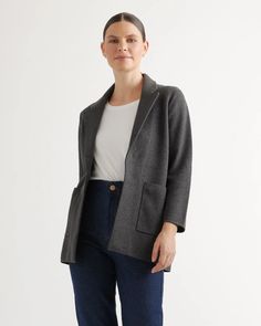 100% Organic Cotton Knit Blazer Classic Everyday Sweater Coat With Pockets, Classic Sweater Coat With Pockets For Everyday, Classic Sweater Coat With Pockets, Lapel Collar Cardigan With Pockets For Work, Classic Sweater Coat With Pockets For Work, Tailored Fall Blazer With Shawl Collar, Tailored Shawl Collar Blazer For Fall, Classic Fall Blazer For Everyday, Workwear Cardigan With Lapel Collar And Pockets