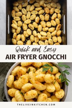 air fryer gnocchini in a pan with the words quick and easy