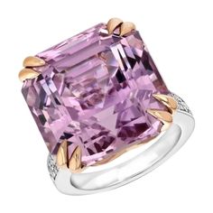 Resplendently rich lavender-pink 33.49-carat Kunzite, is showcased in a beauteous 18K white with rose gold ring. This sensationally scintillating gem is set with sparkling white diamonds totaling 0.47 carats, embellished on the shank. Collectors love Kunzite for its color range, from pastel pink to intense violet purple. The gem was named after pioneering gemologist, George Frederick Kunz. Luxury Purple Kunzite Rings, Kunzite Ring, Pink Kunzite, Rose Pastel, Violet Purple, Asscher Cut, Color Rosa, Jewelry Rings Engagement, Diamond White