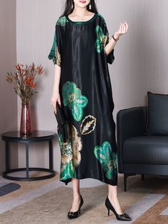 Styles: Elegant Material: 85% Silk+15% Plant Fiber Clothing Length: Mid-Calf Sleeve Length: Half Sleeve Collar: Round Neck Pattern: Printed Season: Summer #over50 #dress #elegant #heavysilk Black Concert Dress, Huge Flowers, Concert Dress, Concert Dresses, Linen Fashion, Satin Long Sleeve, Summer Elegant, Boho Dresses, Little White Dresses