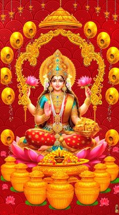 the hindu god sitting on top of a table surrounded by golden bowls and gold decorations