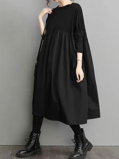 Simple Loose Black Split-Joint Long Sleeves Midi Dress Black Solid Midi Dress For Winter, Black Solid Color Winter Midi Dress, Black Winter Midi Dress, Black Long Sleeve Oversized Midi Dress, Black Oversized Long Sleeve Midi Dress, Casual Black Winter Dresses, Black Midi Dress For Workwear In Fall, Black Solid Color Midi Dress For Work, Black Midi Dress For Work In Fall