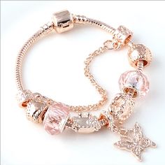 Rose Gold Butterfly Charm Bracelet Weight 50g Class Type - Safety Clasp Length 16cm-21cm. Glass Tea Set, Rose Gold Butterfly, Butterfly Charm Bracelet, Golden Butterfly, Bracelet Pandora, Bracelet Women, Bead Charm Bracelet, Gold Rhinestone, Gold Butterfly