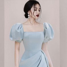 Elegant Puff Sleeve Off Shoulder Vintage Dress · KoKo Fashion · Online Store Powered by Storenvy Satin Homecoming Dress, فستان سهرة, Solid Clothes, Looks Vintage, Collar Dress, Vintage Dress, Blue Dress, Look Fashion, Pretty Dresses