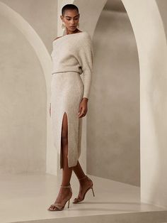 Rina Wrap-Front Dress | Banana Republic Elegant Ribbed Midi Loungewear Dress, Elegant Ribbed Midi Dress For Loungewear, Elegant Fitted Midi Dress For Loungewear, Elegant Midi Dress For Loungewear, Classy Sweater Dresses, Warm Winter Dresses, Sleveless Dress, Long Sleeve Dresses Fall, Business Dress Women