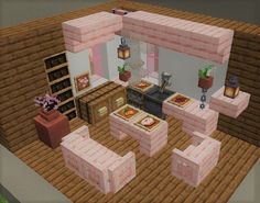 Cute Things To Build In Minecraft House, Pink Things To Build In Minecraft, Minecraft Pink Living Room, Pink Kitchen Minecraft, Cute Minecraft Interior Ideas, Pink Minecraft Cottage, Pink Minecraft Kitchen, Cherry Blossom Interior Minecraft, Minecraft Pink Interior