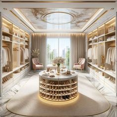 an elegant walk - in closet is shown with gold accents and chandeliers on the walls