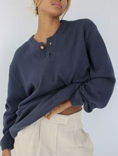 An instant classic. Featuring a boxy fit and made with a lightweight cotton blend, this sweater will effortlessly take you from season to season. Navy Cotton Varsity Top, Collegiate Navy Long Sleeve Outerwear, Navy Cotton Varsity Sweatshirt, Navy Long Sleeve Sweatshirt Sportswear, Navy Long Sleeve Sportswear Sweatshirt, Button Crop Top, Butterfly Top, Cotton Sweater, Natural Linen