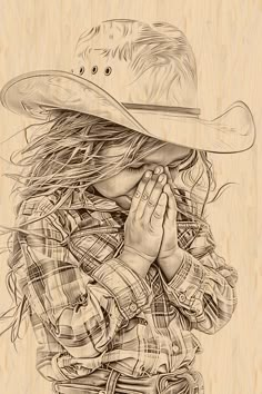 a drawing of a girl wearing a cowboy hat and holding her hands to her face