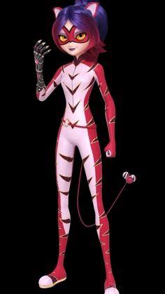 a cartoon character dressed in red and white catsuits, holding a skateboard