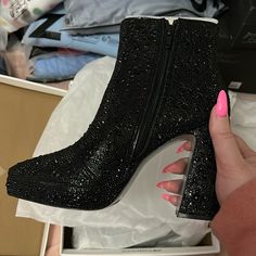 Brand New Betsey Johnson Rhinestone Boots! I Bought The Wrong Size And Can’t Return! Please Do Not Hesitate To Make An Offer! Embellished Evening Boots For Party Season, Chic Rhinestone Boots For Party Season, Crystal Embellished Boots For Fall Party, Crystal Embellished Party Boots For Fall, Rhinestone Ankle Boot Heels For Party, Glamorous Embellished Boots For Night Out, High Heel Rhinestone Boots For Party Season, Party High Heel Boots With Rhinestone Rivets, Black Round Toe Boots For Party Season