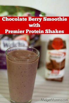 chocolate berry smoothie with premer protein shakes in a glass on a counter top