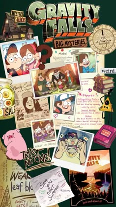 the poster for gravity falls is shown with many pictures and words on it, as well as