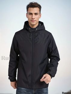 Russoo - Mens Regular Fit Lightweight Waterproof Windbreaker Jacket Ideal for Spring and Autumn Outdoor Activities Black Weatherproof Windbreaker For Sports, Black Sports Windbreaker Weatherproof, Solid Weatherproof Windbreaker For Sports, Hiking Windbreaker With Double-lined Hood, Solid Windbreaker With Double-lined Hood For Hiking, Weatherproof Windbreaker For Sports, Solid Waterproof Long Sleeve Outerwear, Solid Color Waterproof Long Sleeve Outerwear, Solid Long Sleeve Waterproof Outerwear