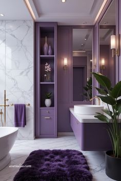 a bathroom with purple walls and marble flooring is pictured in this image, the bathtub has an area rug on the floor next to it