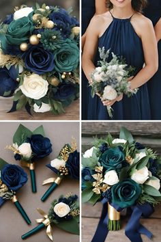 wedding bouquets with blue flowers and greenery are arranged in four different pictures, including the bridesmaid's bouquet