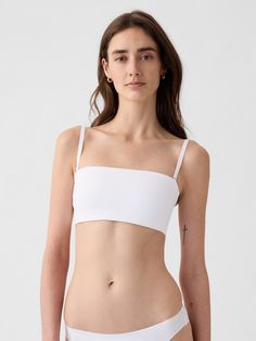 Soft microfiber bandeau bralette.  Removable, adjustable spaghetti straps.  Can be worn strapless.  Elasticized underband.  For more fit and sizing info, check out our Size Guide. White Bralette, Bra Panty, Just Girly Things, Second Skin, Body Goals, New Woman, Girly Things, Toddler Boys, Bralette