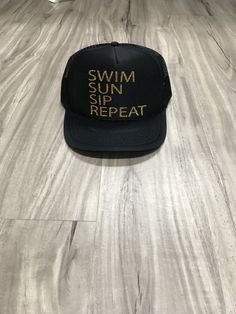 Swim Sun Sip Repeat Trucker Hat Champagne Trucker Hat Women's Trucker Hat Glitter Mexican Cruise Mex Adjustable Gold Baseball Cap For Summer, Adjustable Gold Cap, Gold Adjustable Cap, Adjustable Gold Trucker Hat For Summer, Gold Adjustable Trucker Hat For Summer, Gold Adjustable Flat Brim Trucker Hat, Gold Adjustable Flat Brim Sun Hat, Beach Hats With Letter Print And Short Brim, Short Brim Letter Print Beach Hat