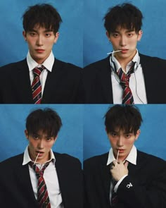 four different shots of a young man wearing a suit and tie with headphones in his ears