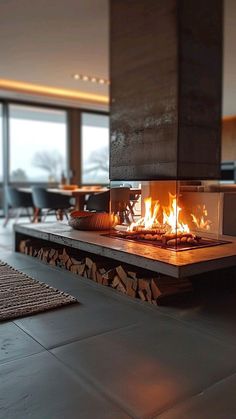 a fire place sitting in the middle of a living room next to a large window