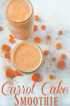 carrot cake smoothie in a glass next to an orange and white background with the words carrot cake smoothie on it