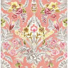 a pink and yellow floral wallpaper with white flowers on the bottom half of it