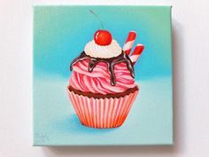 an acrylic painting of a cupcake with cherries and chocolate on top