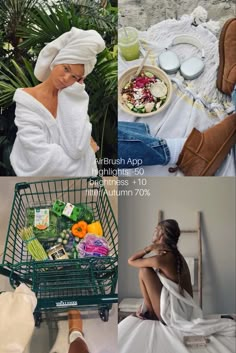 a woman sitting on the floor in front of a shopping cart with food and drinks