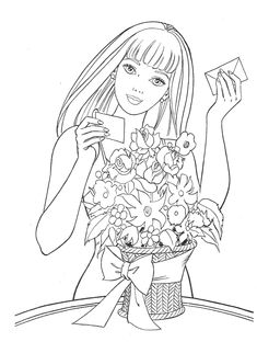 a girl with flowers holding a cell phone