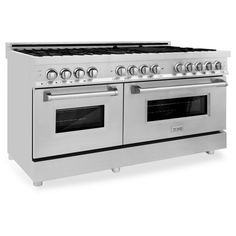 an oven with four burners and two doors on each side, in stainless steel