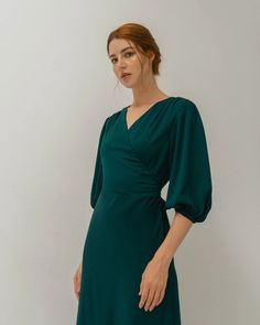 Harriet Hunter Green Puff Sleeves Dress / Wrap Dress Floor | Etsy Vietnam Elegant Green Puff Sleeve Dress For Brunch, Green V-neck Puff Sleeve Dress With Gathered Sleeves, Copper Autumn, Green Wrap Dress, Puff Sleeves Dress, High Waisted Dress, Emerald Green Weddings, Waisted Dress, Green Wrap