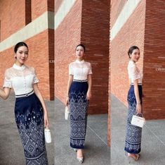 Unique Design. The clothes can be used in various occasions. Traditional Thai Set of White Lace Blouse Navy Sarong Skirt and Belt Thai Occasional Clothes Wedding Dress Khmer Traditional Dress Wedding Attire, Blouse And Skirt Outfit Wedding, ထိုင်မသိမ်း Design, Thai Fashion Modern, Kebaya Thailand, Thai Outfits, Khmer Outfit, Laos Clothing, Burmese Dress