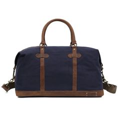 Vintage Cotton Canvas Duffle Bag Blue Travel Bag With Leather Trim, Casual Travel Duffle Bag With Leather Handles, Casual Travel Bag With Leather Trim For Overnight Trips, Casual Travel Bag With Leather Handles For Overnight Trips, Rectangular Blue Travel Bag, Blue Rectangular Duffle Bag For Trips, Blue Rectangular Duffle Bag With Leather Handles, Navy Canvas Bag With Adjustable Strap, Blue Rectangular Duffle Bag With Adjustable Strap