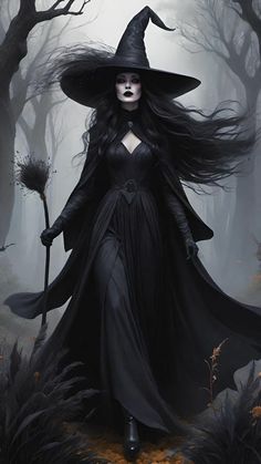 a woman dressed as a witch with long hair and black makeup, holding a broom in her hand